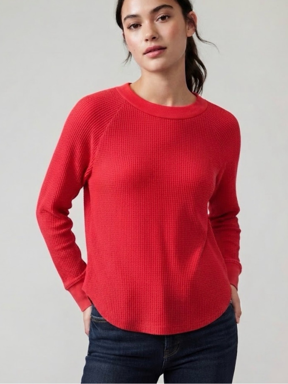 Madewell Thermal Waffle Knit Pullover Sweatshirt/Sweater Red XL cherry red